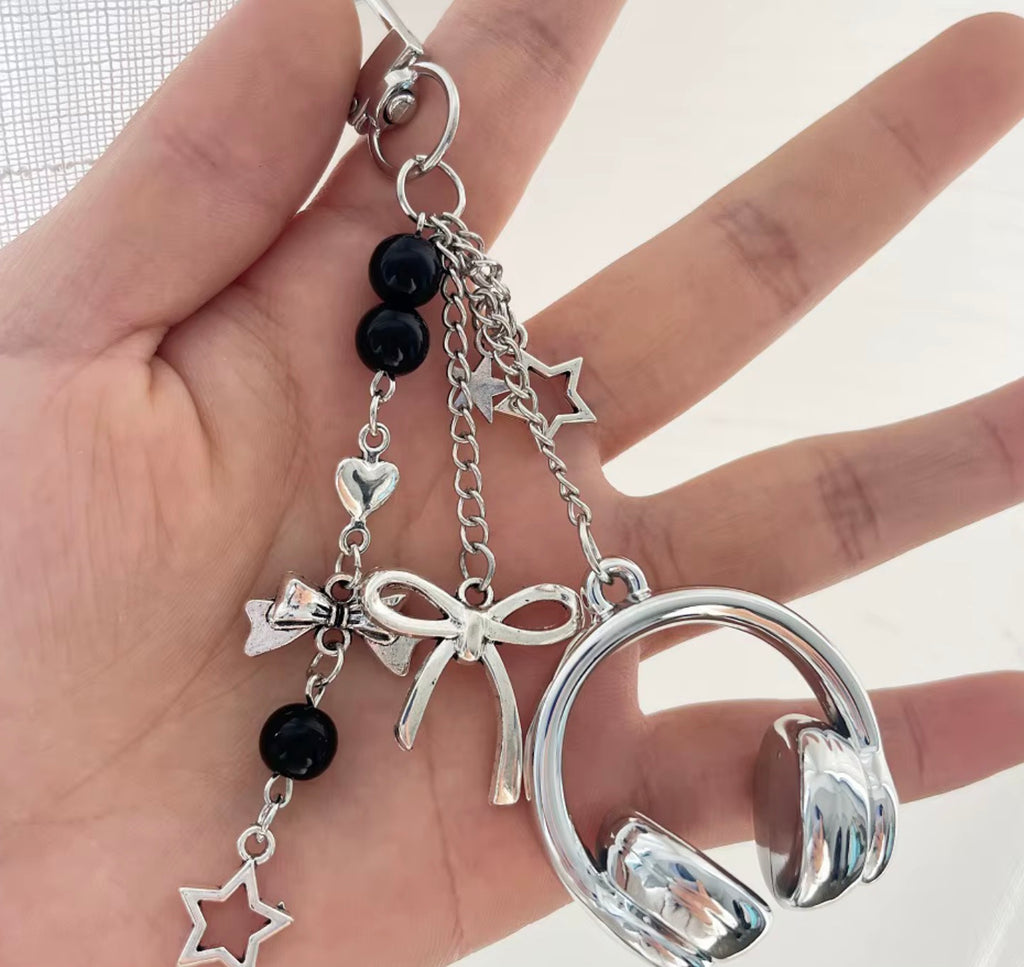 Punk Stars Earphone Keychain Y2K Metal Bowknot Love Heart Chain Keyring Unisex Bag Car Key Charm